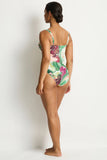 Sea Level Abyss Twist Front Multifit One Piece swimsuit in Moss green showing the back coverage and adjustable straps, sold by Point Break Cambridge local family surf shop at 63 Duke street.
