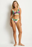 Sea Level Abyss Cross Front Multifit Bra Top in Moss green showing the front crossover design, sold by Point Break Cambridge local family surf shop at 63 Duke street.