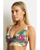 Sea Level Abyss Cross Front Multifit Bra Top in Moss green close up view of the textured eco friendly fabric, sold by Point Break Cambridge local family surf shop at 63 Duke street.