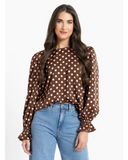 Seeking Lola Harper Top in Pink Polka dot print blouse, sold by Point Break Cambridge local family surf shop at 63 Duke street.
