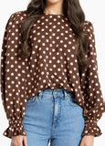 Seeking Lola Harper Top in Pink Polka dot print blouse, sold by Point Break Cambridge local family surf shop at 63 Duke street.