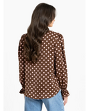 Seeking Lola Harper Top in Pink Polka dot print blouse, sold by Point Break Cambridge local family surf shop at 63 Duke street.