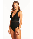 Sea Level Honeycomb Spliced One Piece - Black