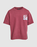 Red t-shirt with white text on a light gray background