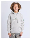 Child wearing a gray hoodie with branding on a light gray background. Saint Goliath Wings Hoodie in Grey at Point Break Cambridge.