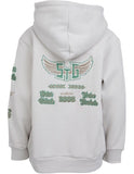 Gray hoodie with green text and designs on the back against a white background. Saint Goliath Boys Wings Hoodie in Grey at Point Break Cambridge.