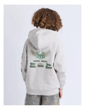 Person wearing a gray hoodie with branding on the back against a white background saint goliath Wings hoodie for boys.