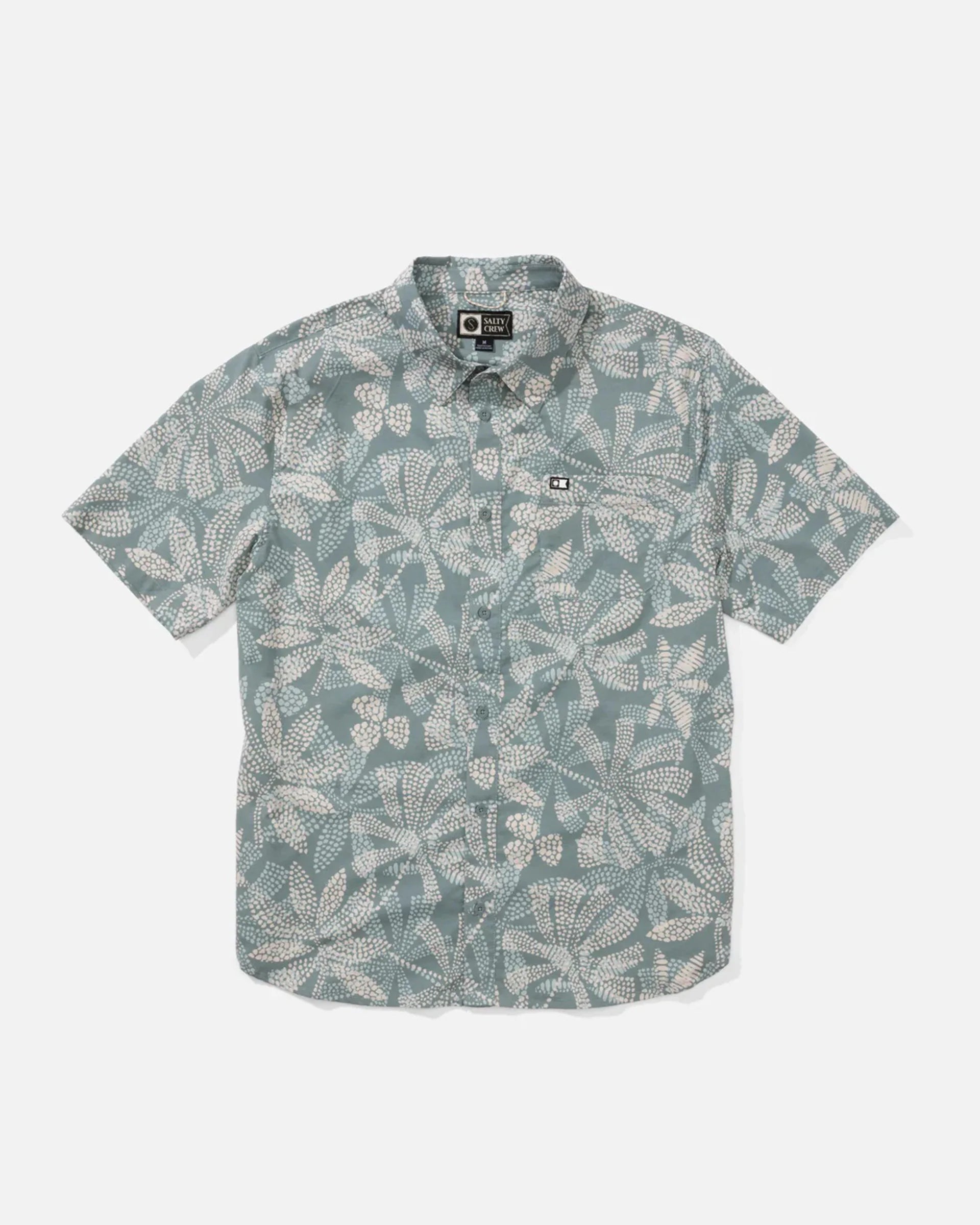 Short-sleeve shirt with leaf pattern on a white background Salty Crew Drifter UV Button Up Shirt - Altantic Green