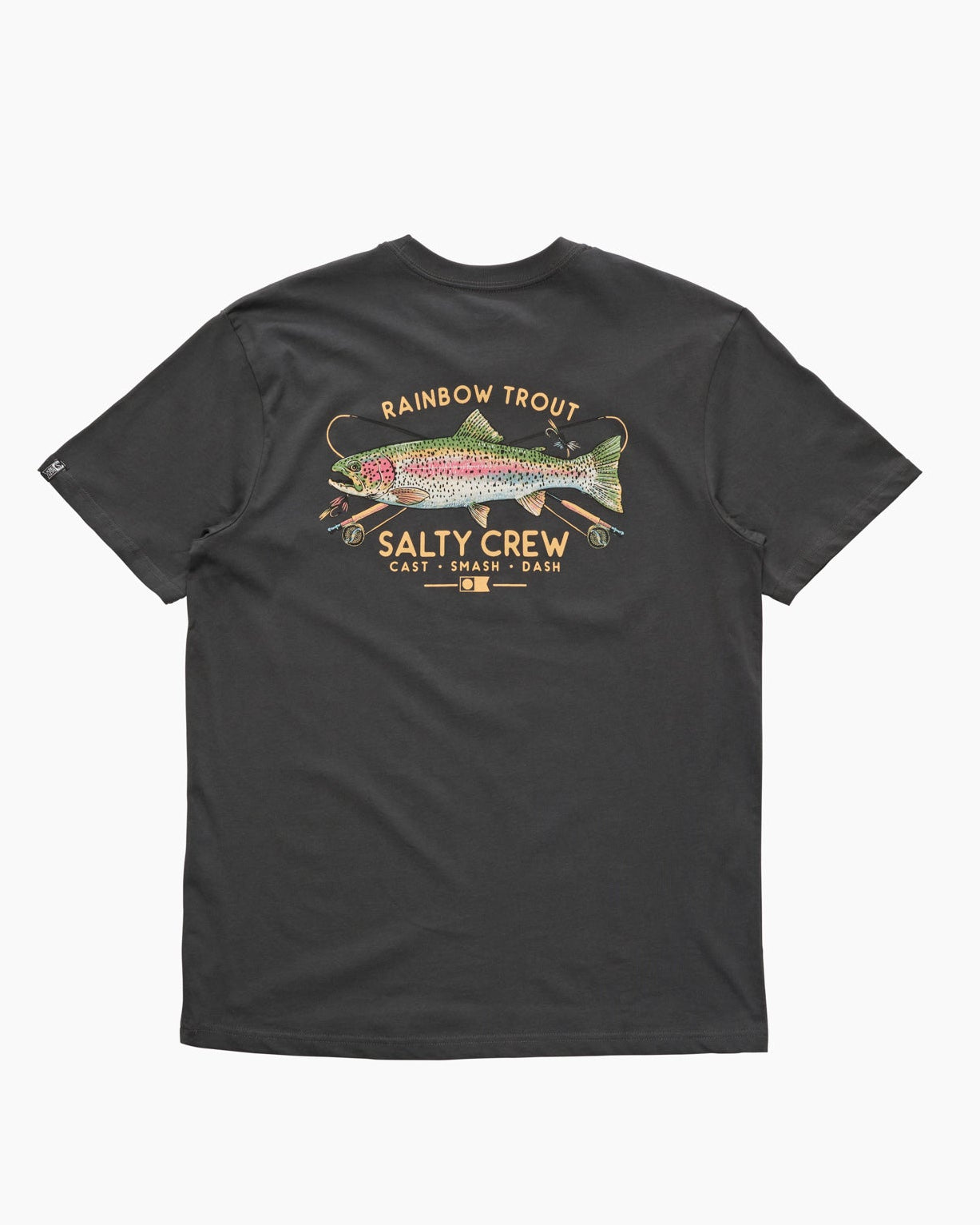 Black t-shirt with a rainbow trout graphic and text on a white background Salty Crew Trout Mount Premium SS Tee - Coal