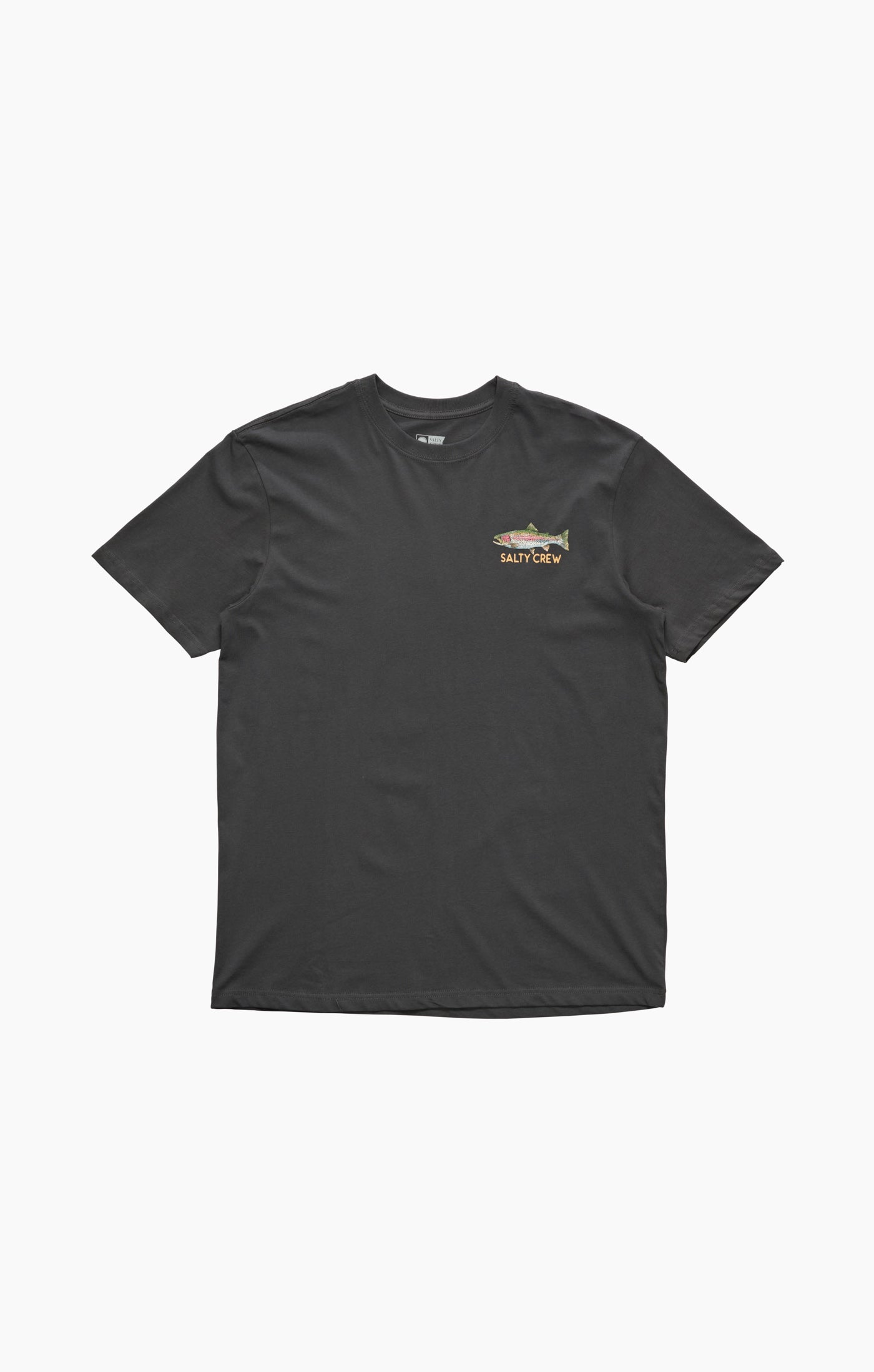 Black t-shirt with a logo on the chest against a white background Salty Crew Trout Mount Premium SS Tee - Coal