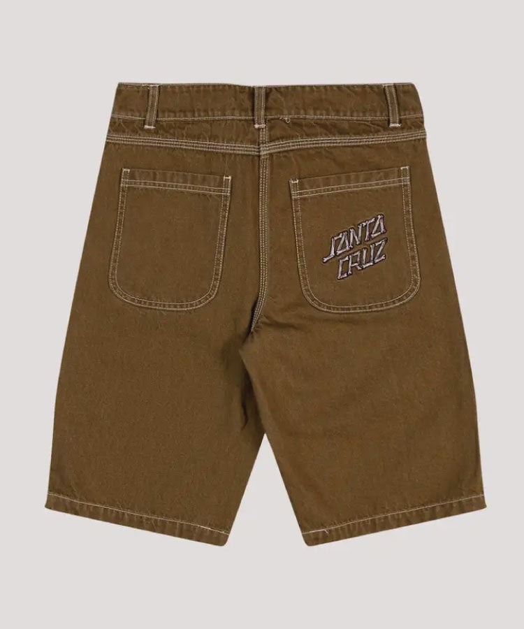 Brown shorts with a visible brand logo on a light gray background Santa Cruz Brain Dot Bone Stack Jean Shorts - Tan