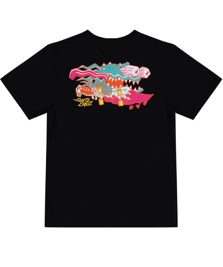 Black t-shirt with colorful graphic design on a white background