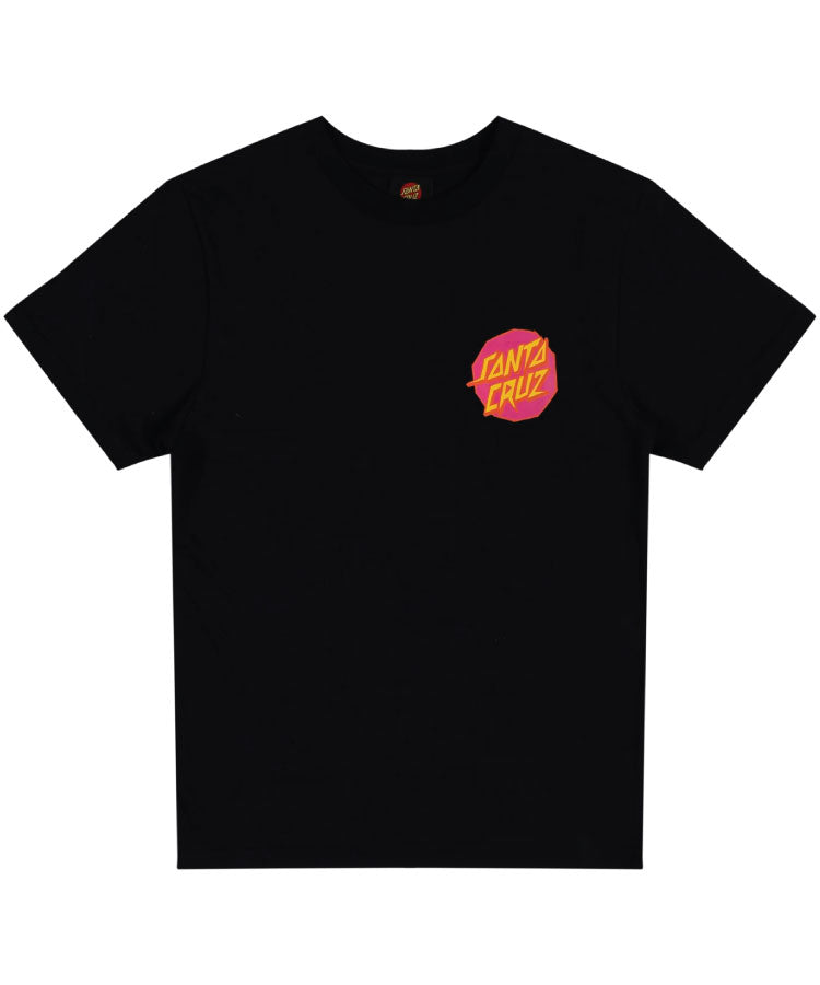 Black t-shirt with a colorful logo on the chest against a white background