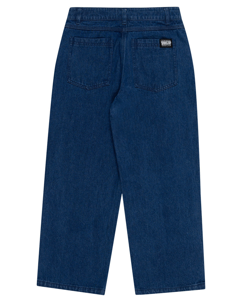 Blue jeans with a brand label on the back pocket against a white background Santa Cruz Multi Cruz Stack Alien Boys Jeans - Stone Wash Indigo