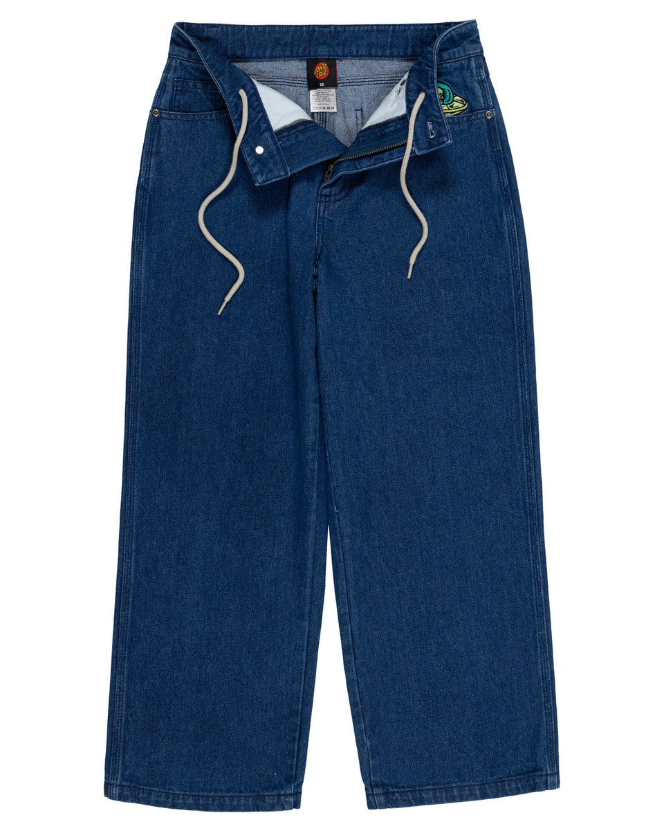 Blue denim pants with a brand logo on a white background Santa Cruz Multi Cruz Stack Alien Boys Jeans - Stone Wash Indigo