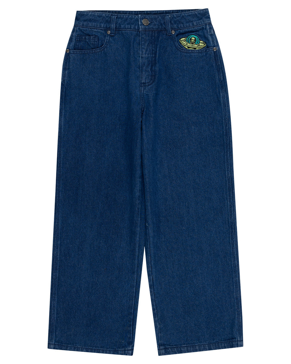 Blue jeans with a brand logo on a white background Santa Cruz Multi Cruz Stack Alien Boys Jeans - Stone Wash Indigo