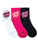 A pack of three Santa Cruz mid socks in white, black, and pink colors, featuring the Santa Cruz logo on the side.
