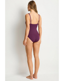 Back view of the women's Sea Level Essentials Edit Spliced swimsuit displaying the scoop back and full rear coverage.