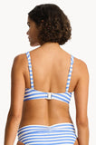 Sea Level Armour Cross Front Multifit Bra bikini top in textured Denim Blue displayed at Point Break Cambridge.