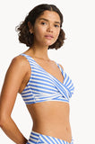 Sea Level Armour Cross Front Multifit Bra bikini top in textured Denim Blue displayed at Point Break Cambridge.