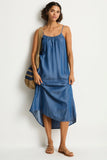 Sea Level Denim Surf Tie Back Sundress in denim blue displayed at Point Break Cambridge, a local family surf shop.