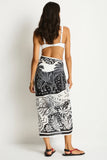 Sea Level Jungle Lino Long Sarong in black featuring a tropical leaf print pattern back view at Point Break Cambridge.