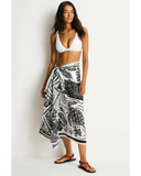 Sea Level Jungle Lino Long Sarong in black featuring a tropical leaf print pattern front view at Point Break Cambridge.