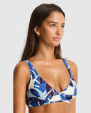 Sea Level Rumba Longline Tie Back bikini top in a textured Denim Blue colourway displayed at Point Break Cambridge.