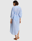 Sea Level Vacay Boho Long Shirt Dress in soft chambray blue denim tone back view at Point Break Cambridge.