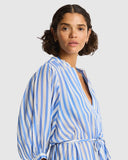 Sea Level Vacay Boho Long Shirt Dress in soft chambray blue denim tone close up view at Point Break Cambridge.