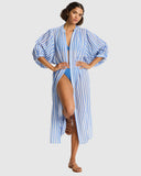 Sea Level Vacay Boho Long Shirt Dress in soft chambray blue denim tone full front view at Point Break Cambridge.