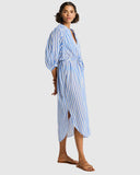 Sea Level Vacay Boho Long Shirt Dress in soft chambray blue denim tone side view at Point Break Cambridge.