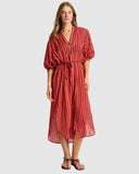 Sea Level Vacay Boho Long Shirt Dress in Spice Red fuul front view displayed at Point Break Cambridge.