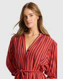 Sea Level Vacay Boho Long Shirt Dress in Spice Red Close up View displayed at Point Break Cambridge.