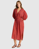 Sea Level Vacay Boho Long Shirt Dress in Spice Red full front view displayed at Point Break Cambridge.