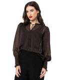 Close view of the Seeking Lola Byron Blouse in Mocha Lace showing the delicate lace detailing and long sleeves.