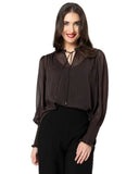 Front view of the Seeking Lola Byron Blouse in Mocha Lace showing the delicate lace detailing and long sleeves.