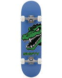 Blue skateboard with green dinosaur graphic and 'Shifty' branding on a white background