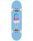 Light blue skateboard with a colorful design on a white background