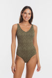 TOGS - Khaki Chiseled V Neck Plunge One-Piece Swimsuit