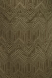 A close-up of a woven fabric with a repeating geometric pattern in olive green and brown.