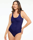 A navy blue one-piece swimsuit with a patchwork design, featuring a round neckline and sleeveless design.