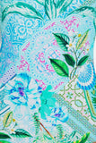 A close-up of a vibrant, multicolored patterned fabric featuring tropical floral motifs, green leaves, and intricate geometric and paisley designs in shades of turquoise, pink, green, and white. TOGS Peru Lucca Reversible Square One Piece