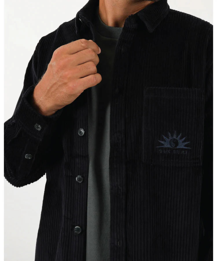 Black corduroy shirt with a logo on a white background T&C Motion LS Cord Shirt - Midnight