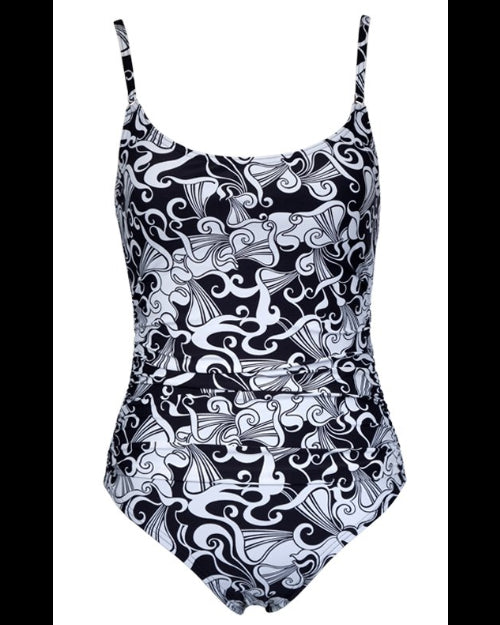 Black and white patterned swimsuit on a white background