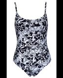 Black and white patterned swimsuit on a white background