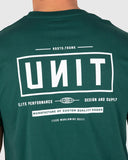 A close-up of a person wearing a dark green t-shirt, showing the back of the shirt with a large white graphic print that reads 'UNIT' and 'ROSTO.TROMK'. Unit Mens Tees - Index - Forest Green