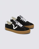 Vans Sport Low Black/Gum Black sneakers with white soles and brown soles on a light gray background