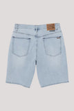 Light blue denim shorts with a brand label on a light gray background