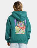 Person wearing a teal hoodie with a colorful graphic on the back against a white background Volcom Boys Ben Sanaire Hoodie - Rifle Green